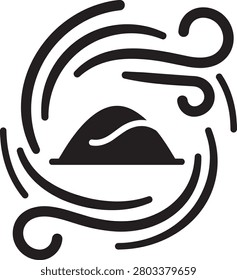 Wind blowing over sand dune icon with abstract line art