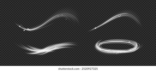 Vento soprando velocidade e efeito borrão. Conjunto isolado de vetor de circulação de ar e fluxo, vórtice ou tornado. Fagulhas brilhantes de onda espiral. Linhas dinâmicas ou raios com partículas. Funil dinâmico