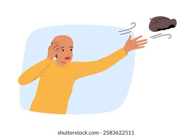 Wind blows away wig of confused man suffering from baldness due to age-related hormonal changes. Guy is trying to catch wig, embarrassed by lack of hair on head and absence of stylish hairstyle