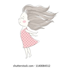 Wind blows hair of cute girl print. Freedom and happiness concept. Sweet little woman with waving hair. Fashion vector. Cool illustration for t-shirt, poster, invitation, sticker design, kids apparel
