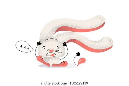 The wind blows and blows the rabbit. The hare holds big ears and screams. Vector flat cartoon style illustration on white background.