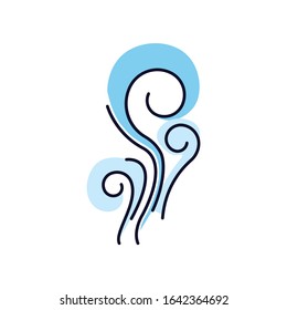 Wind blue RGB color icon. Fresh air swirl. Good smell, perfume scent. Aromatic fragrance flow. Smoke puff, steam curls, evaporation. Blowing wind spirals. Isolated vector illustration