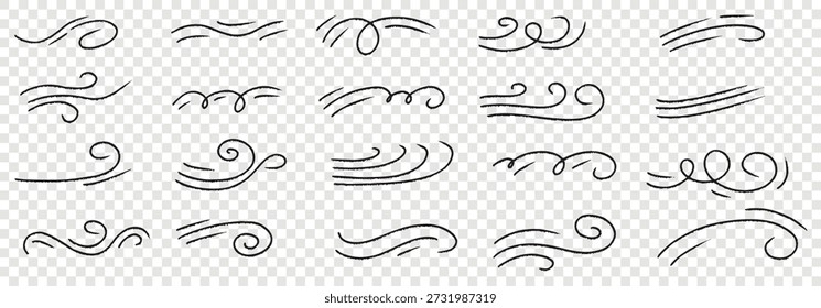 Doodle de brisa do vento com linhas de velocidade e redemoinho de fluxo de ar da mola. Banners de sites para blogs de viagem usando um elemento doodle dinâmico de brisa do vento.