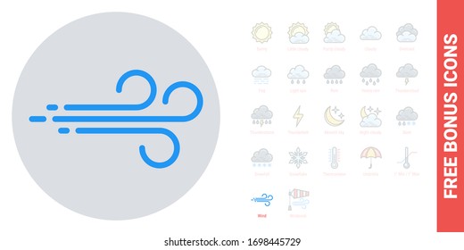 Icono de viento o brisa para aplicaciones o widget de pronóstico del tiempo. Versión simple en color. Kit de iconos gratuitos incluido