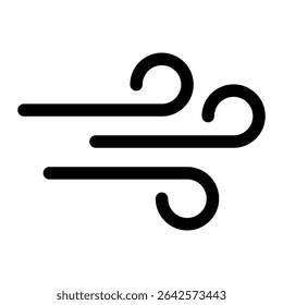 Wind or breeze vector icon. Airflow, blowing wind symbol, weather forecast or ventilation design element. Black line art isolated on white background.