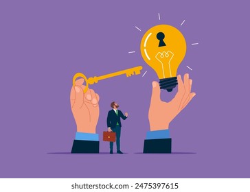 Wind up bulb. Invent new product. Unlock new business idea. Hand holding golden key about to insert into key hold on light bulb idea lamp. 