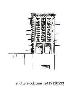 Wind catcher tower hand drawn illustration, Vector sketch of traditional architectural element for cross ventilation and passive cooling in building, Old Dubai