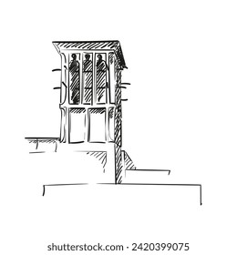 Wind catching tower hand drawn illustration, Vector sketch of traditional architectural element for cross ventilation and passive cooling in building, Old Dubai, Black ink drawing on white