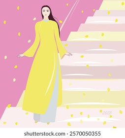 In The Wind Of Change. Under The Sun. Butter Yellow. Pale Grey. Steps. Yellow apricot blossom. Postcard, greeting card, printing, fashion.