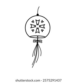 wind chime design with black lines concept on white background, Japanese wind chimes with abstract floral motifs in the middle