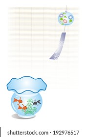 A wind chime and fish tank illustration: bamboo blind background / Vector illustration