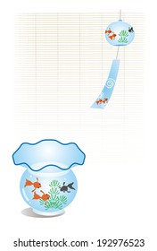 A wind chime and fish tank illustration: bamboo blind background / Vector illustration