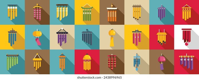 Wind chime icons set flat vector. Home wave sound. Music gold material