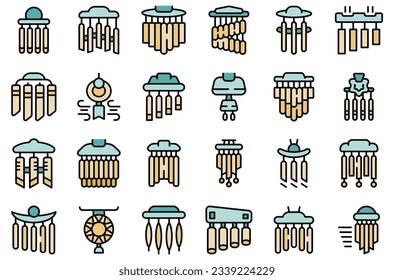 Wind chime icons set outline vector. Wood home. Metal wave thin line color flat on white