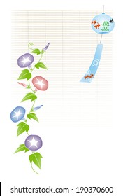 A wind chime with morning glory illustration: bamboo blind background / Vector illustration