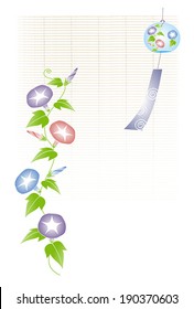 A wind chime with morning glory illustration: bamboo blind background / Vector illustration