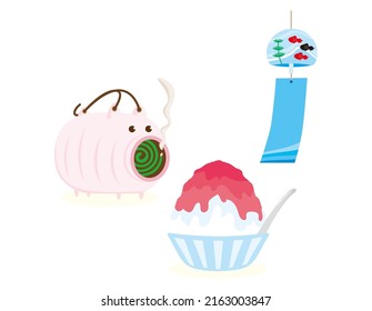 Wind chime and pig-shaped mosquito coil holder made of ceramic . Shaved ice. svg