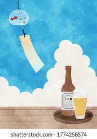 Wind chimes and beer watercolor vector illustration.