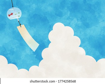 Wind chimes and blue sky watercolor vector illustration.