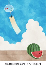 Wind chimes and watermelon watercolor vector illustration.