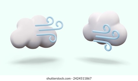 Wind cloud in 3D style. Strong gusty wind, bad weather. Set of icons for meteorological business