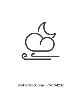 Wind cloud and crescent moon line icon, outline vector sign, linear style pictogram isolated on white. Windy night weather symbol, logo illustration. Editable stroke