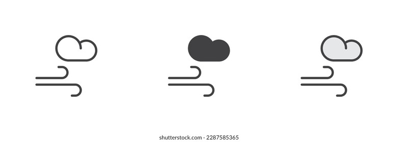 Wind and cloud different style icon set. Line, glyph and filled outline colorful version, outline and filled vector sign. Weather symbol, logo illustration. Vector graphics