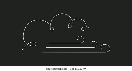 Wind with cloud - hand drawing one single continuous line banner. Vector stock illustration isolated on black background for design template weather forecast, travel blog. Editable stroke. EPS10