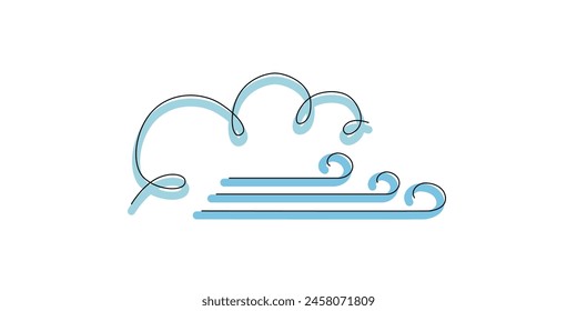 Wind with cloud - hand drawing one single continuous line banner. Vector stock illustration isolated on white background for design template weather forecast, travel blog. Editable stroke. EPS10