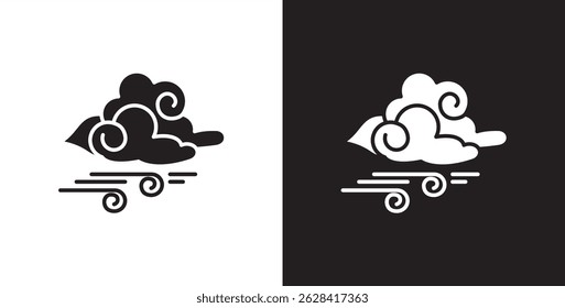 Wind and cloud icon. Flat icon of wind and clouds depicting windy weather. Cloud vector illustration icon in transparent and black background.