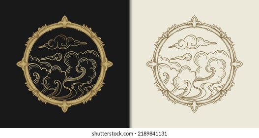 Wind or cloud as one of the four elements of nature in Vector illustration in engraving, hand drawn, luxury, esoteric, fit for spiritualist, religious, paranormal, tarot reader, astrologer or tattoo