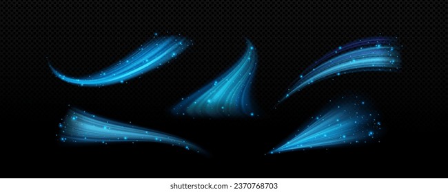 Wind and cold air flow with transparent effect. Realistic vector illustration of blue fresh breeze wave with particles. speed breath motion for cool weather or conditioner purification swirl concept.