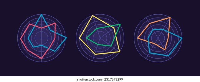 Wind condition infographic radar chart design template set for dark theme. Speed and direction of winds. Meteorological prediction. Editable infochart with circle sectors. Visual data presentation