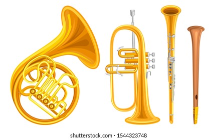 Wind Copper Musical Instruments Vector Set Isolated On White Background Detailed Collection