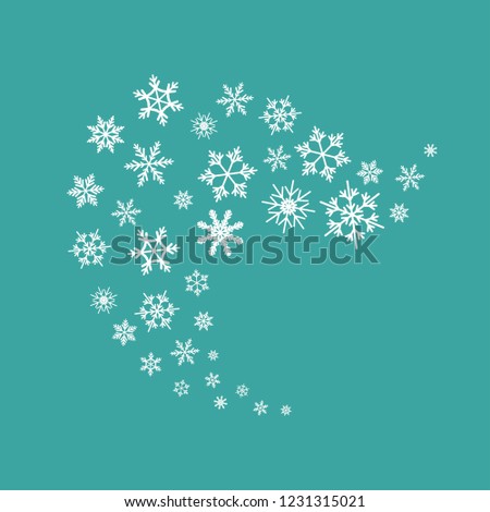 Wind curve, blizzard shape with white snowflakes on blue background. Vector flat illustration. Christmas card. New year background. Holiday clip art.