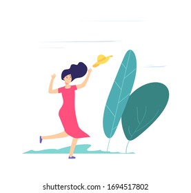 Wind day. Girl walking, catching up fly away hat. Lady with hat on windy weather vector illustration