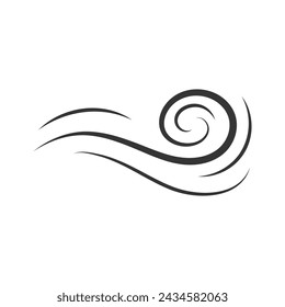 Wind direction of air movement sign, black curl lines silhouette sign of movement intensity, smoke fog or wind. Vector element on white isolate.