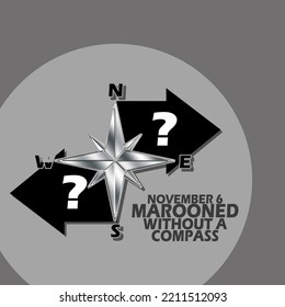 Wind direction with a black boards containing an exclamation mark with bold text on gray background to celebrate Marooned Without a Compass Day on November 6