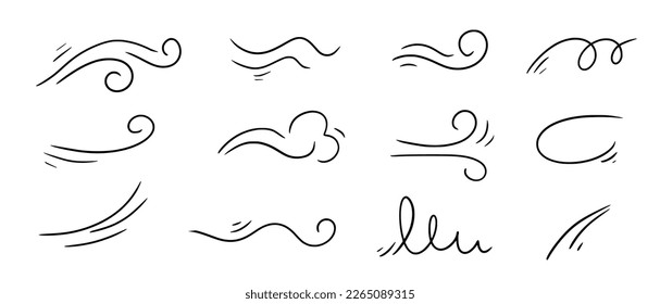 Wind doodle line shape set. Air wind flow, spiral, curve hand drawn doodle element. Cartoon speed, wave, splash drawing design. Vector illustration.