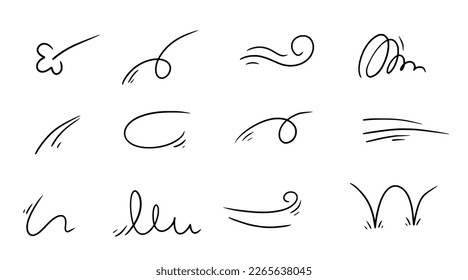 Conjunto de formas de la línea de doodle de viento. Flujo de aire, espiral, elemento de doodle dibujado a mano con curva. Velocidad de dibujo, onda, diseño de dibujo de salpicaduras. Ilustración vectorial.