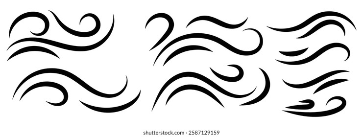 Wind doodle line shape set. Doodle wind line sketch set. Sketch drawn air blow motion, smoke flow art, abstract line. Hand drawn doodle wind motion, air blow, swirl elements. Vector illustrator 888