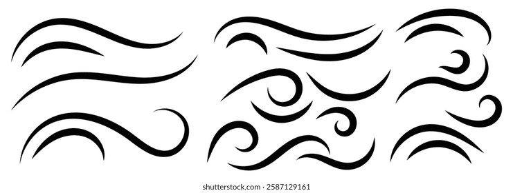 Wind doodle line shape set. Doodle wind line sketch set. Sketch drawn air blow motion, smoke flow art, abstract line. Hand drawn doodle wind motion, air blow, swirl elements. Vector illustrator 888