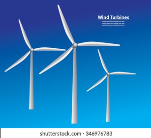 Wind driven generators, turbines over blue sky, vector.