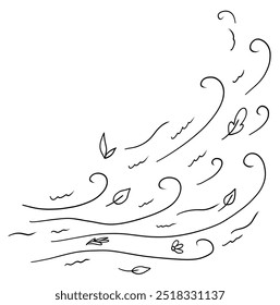 Efeito do vento com folhas de outono voadoras em estilo de linha. Ilustração vetorial