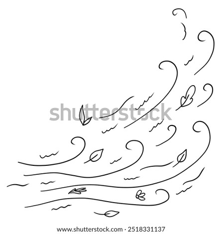 Wind effect with flying autumn leaves in line style. Vector illustration