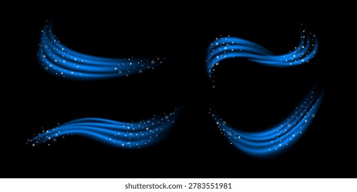 Wind effect with luminous swoosh and flowing air lines on dark background. Dynamic wind trail creates motion with blue glow and fresh energy curves. Cool breeze streak for magic speed vector design.