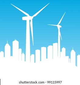 Wind electricity generators concept in fron of city vector background