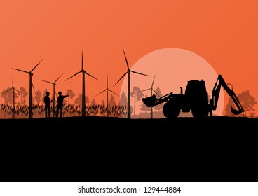 Wind electricity generators with construction engineers and excavator in countryside field landscape ecology illustration background vector