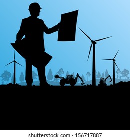 Wind electricity generators with construction man engineer and excavator in countryside field construction site landscape illustration background vector