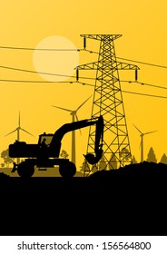 Wind electricity generators with construction worker excavator and electricity line in countryside field landscape ecology illustration background vector